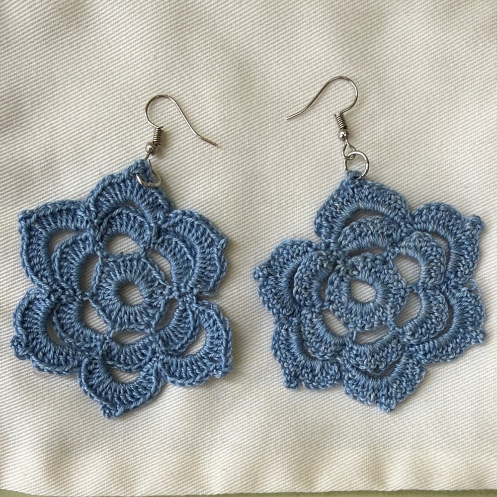 Unique Handcrafted Blue Crochet Flower Earrings